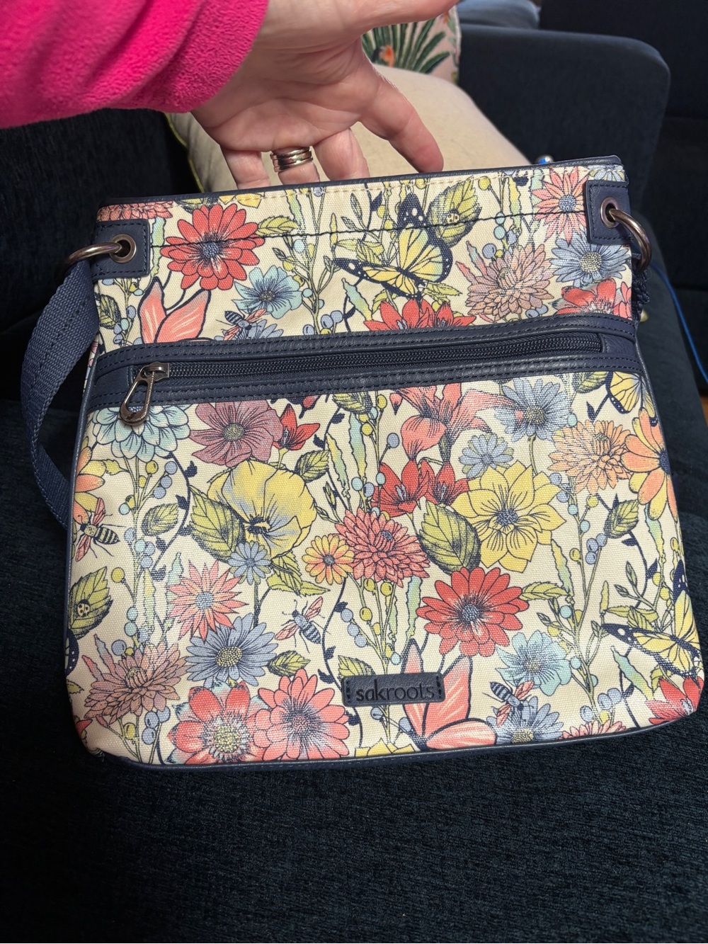 Sakroots Multicolor Floral Crossbody Bag with Navy Trim
